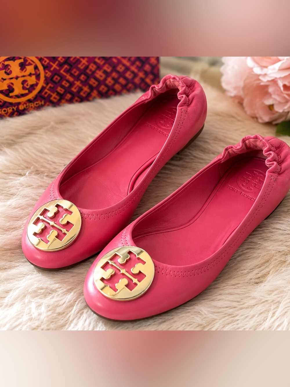 Tory Burch Reva Ballet Flats Pink Leather Gold Logo Women's Size 8